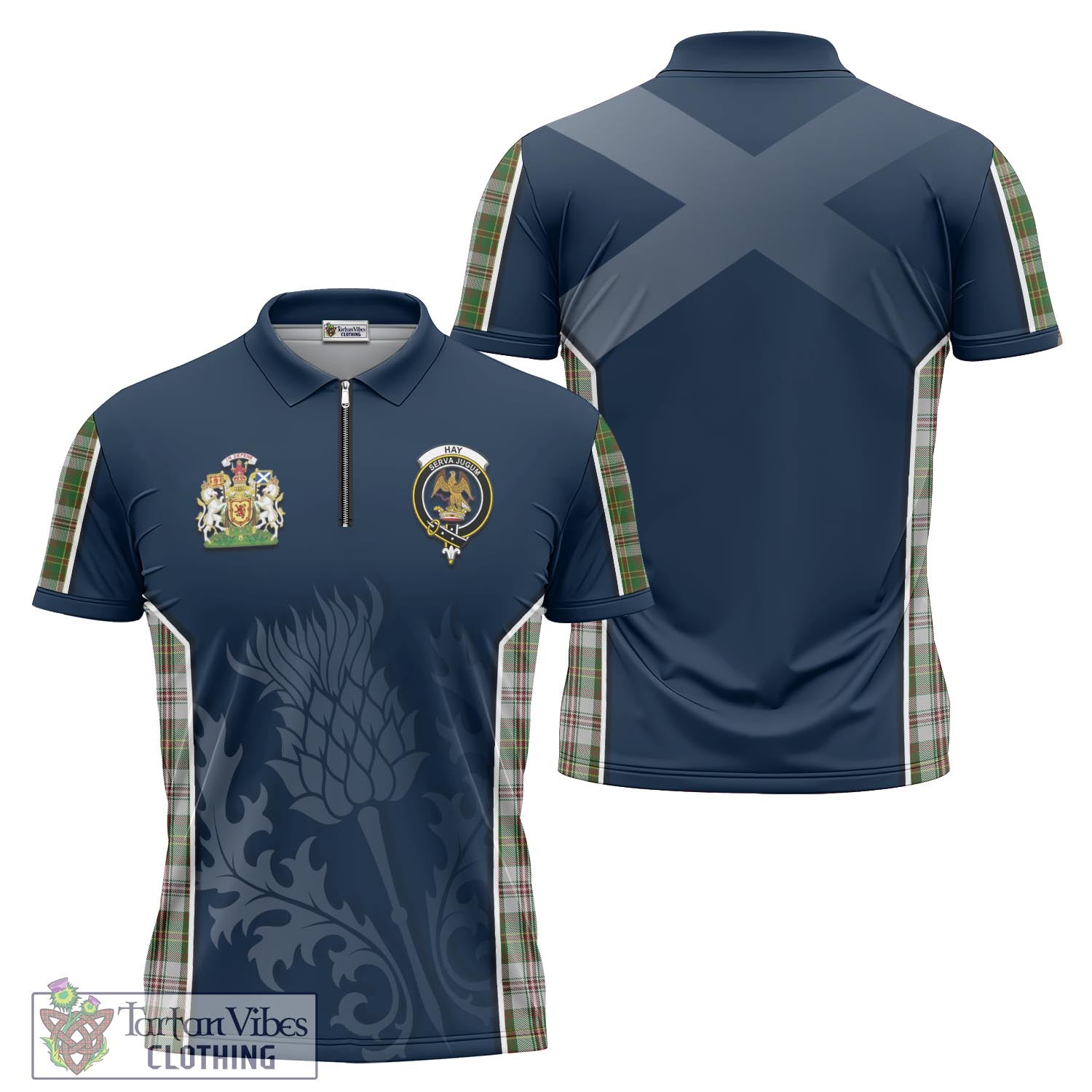 Tartan Vibes Clothing Hay White Dress Tartan Zipper Polo Shirt with Family Crest and Scottish Thistle Vibes Sport Style