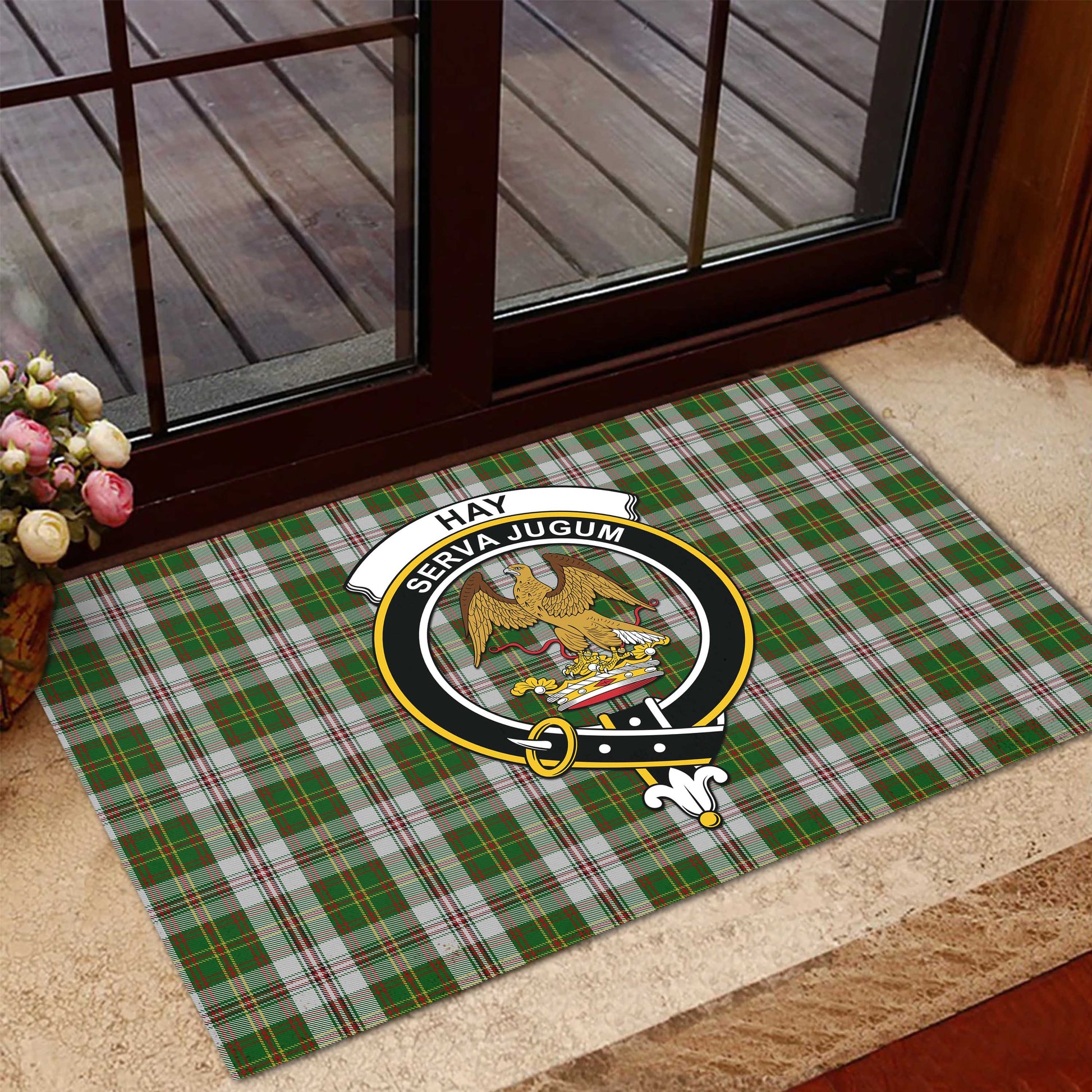 Hay White Dress Tartan Door Mat with Family Crest - Tartanvibesclothing