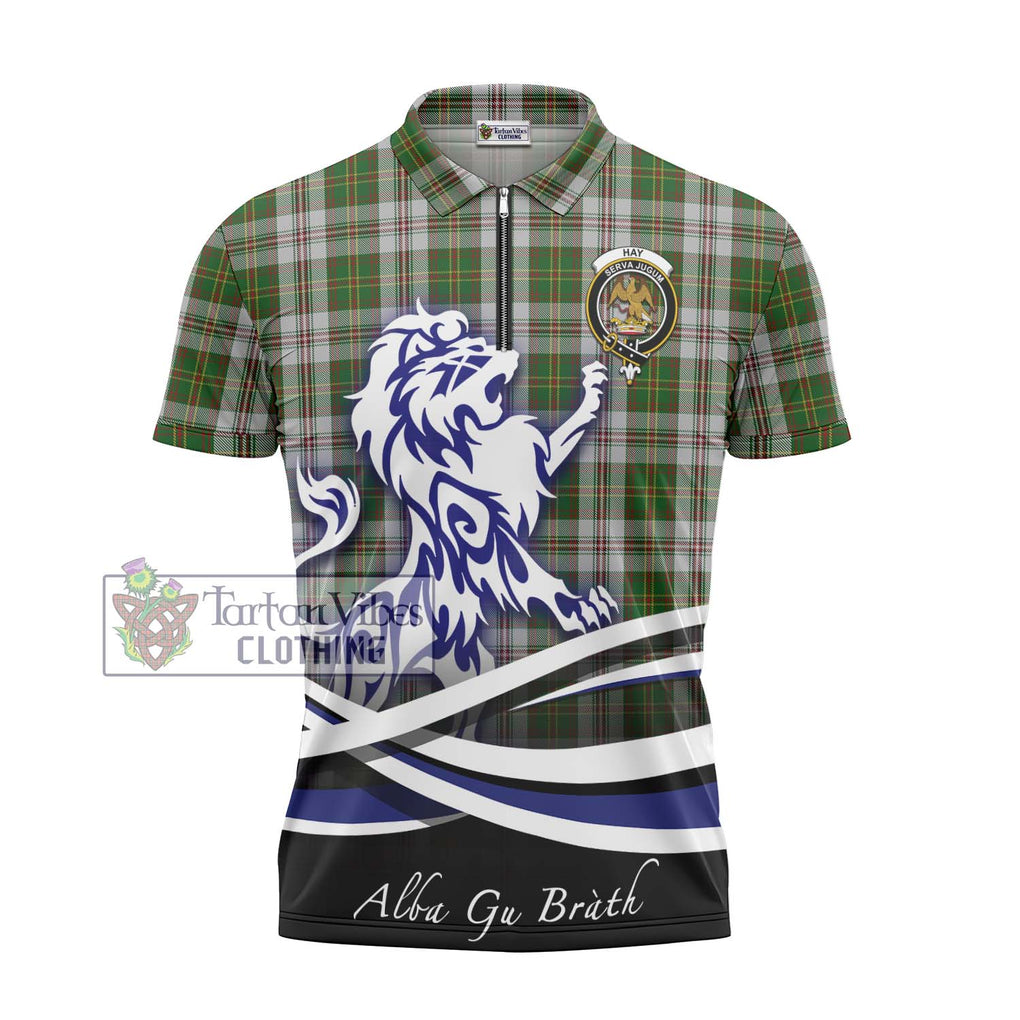 Hay White Dress Tartan Zipper Polo Shirt with Alba Gu Brath Regal Lion Emblem - Tartanvibesclothing Shop