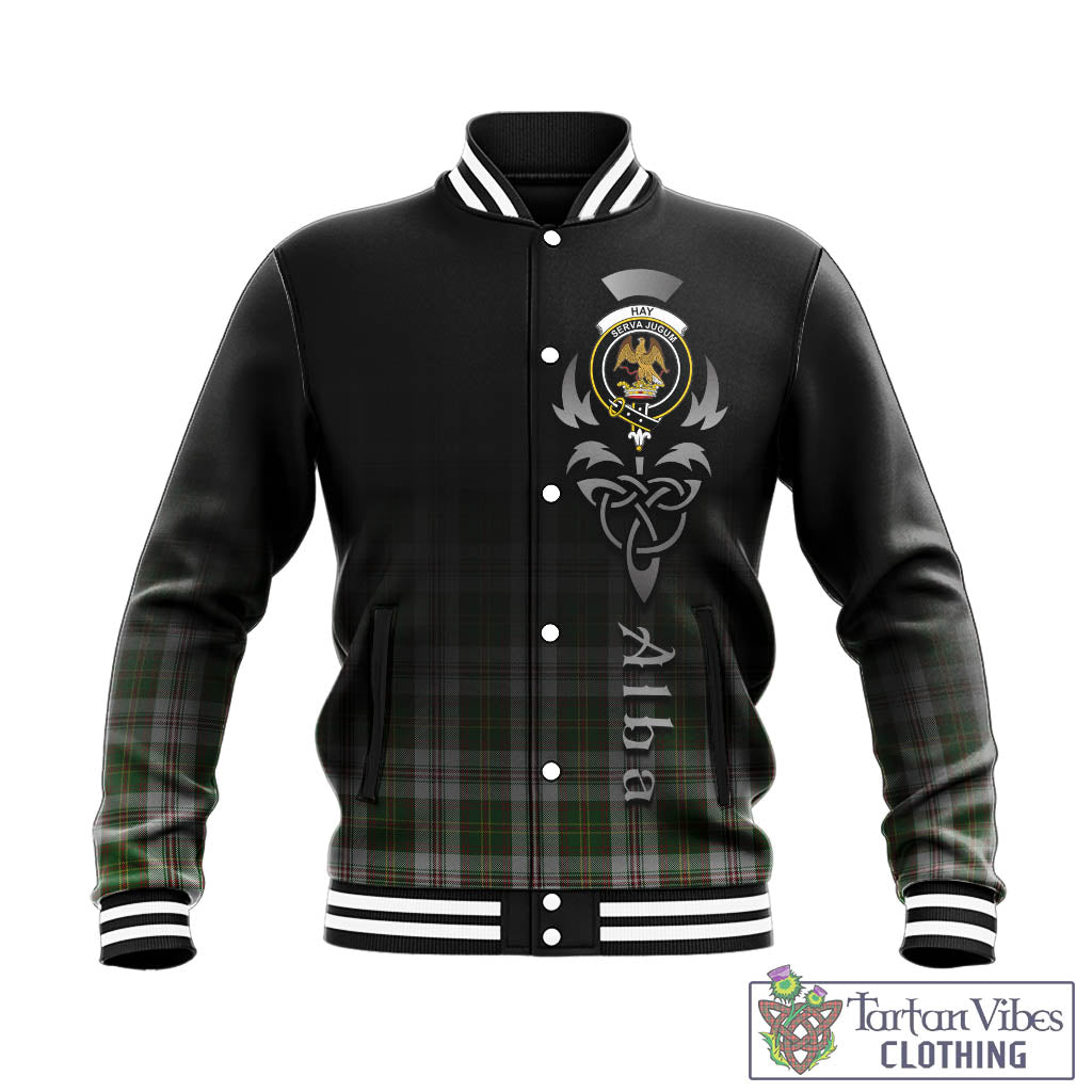 Tartan Vibes Clothing Hay White Dress Tartan Baseball Jacket Featuring Alba Gu Brath Family Crest Celtic Inspired