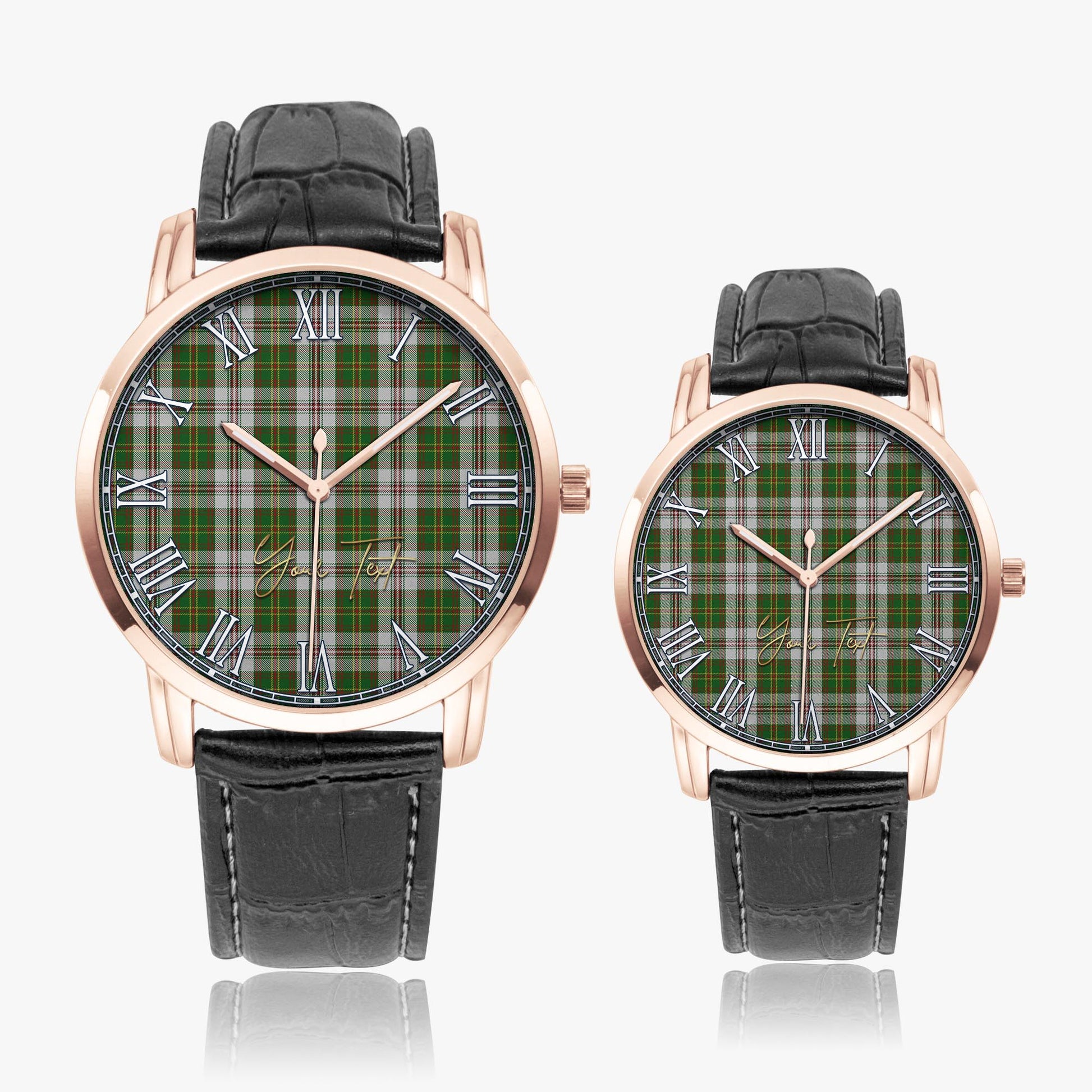 Hay White Dress Tartan Personalized Your Text Leather Trap Quartz Watch Wide Type Rose Gold Case With Black Leather Strap - Tartanvibesclothing