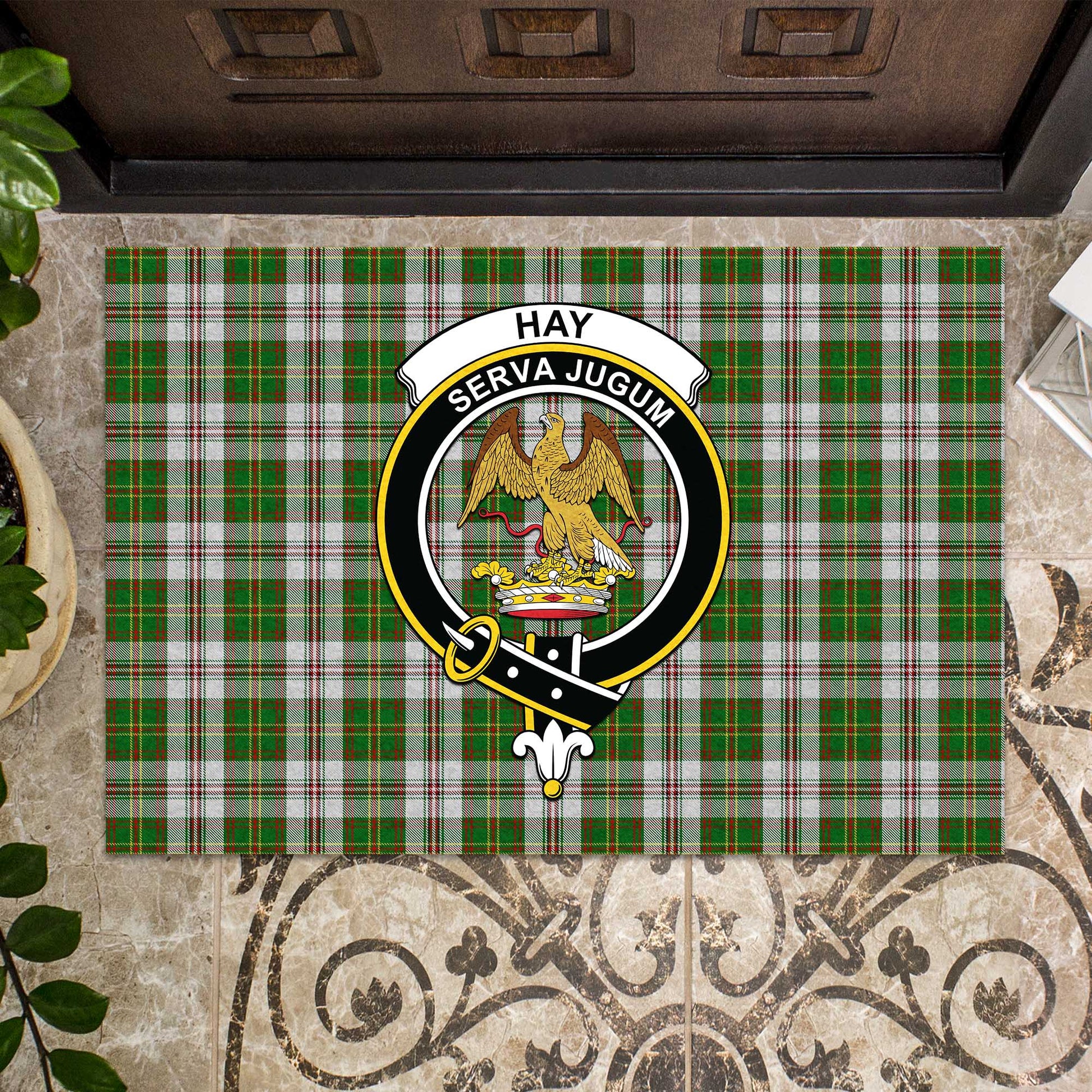 Hay White Dress Tartan Door Mat with Family Crest - Tartanvibesclothing