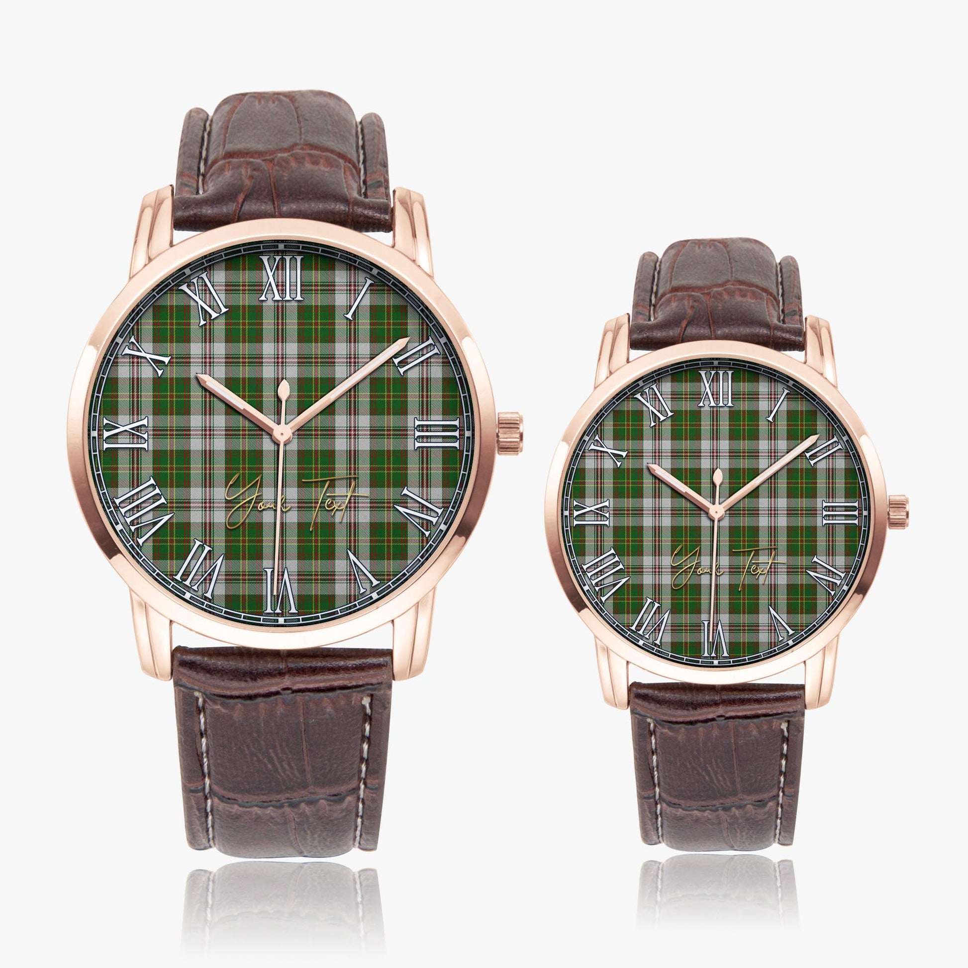 Hay White Dress Tartan Personalized Your Text Leather Trap Quartz Watch Wide Type Rose Gold Case With Brown Leather Strap - Tartanvibesclothing