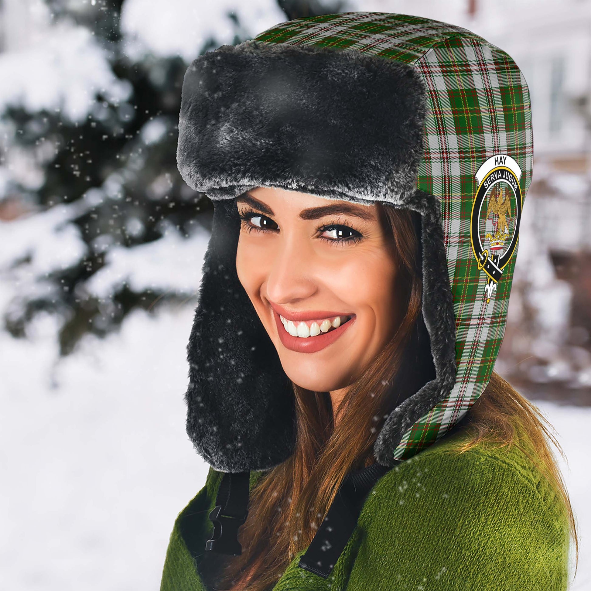 Hay White Dress Tartan Winter Trapper Hat with Family Crest - Tartanvibesclothing