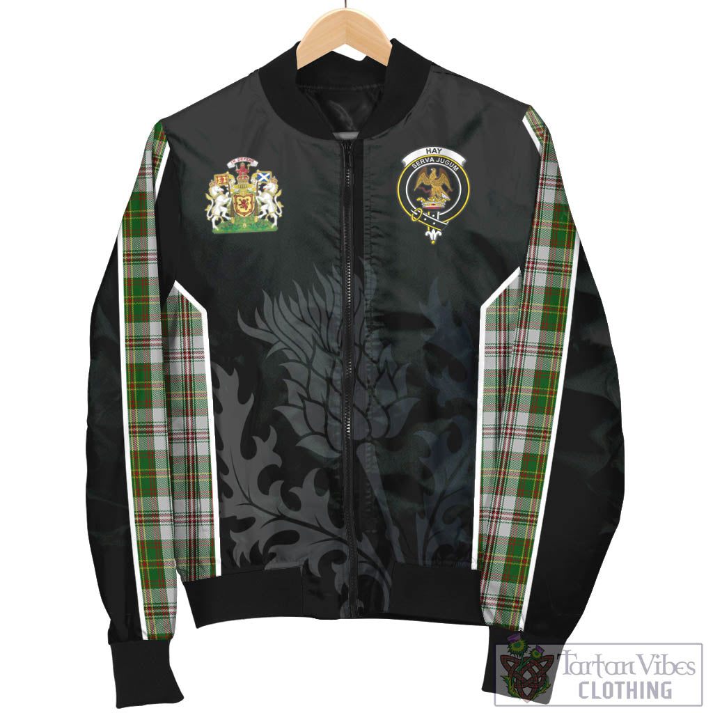 Tartan Vibes Clothing Hay White Dress Tartan Bomber Jacket with Family Crest and Scottish Thistle Vibes Sport Style