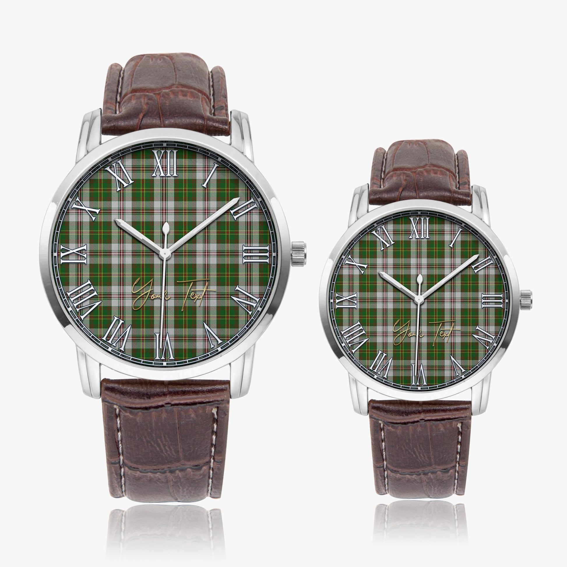 Hay White Dress Tartan Personalized Your Text Leather Trap Quartz Watch Wide Type Silver Case With Brown Leather Strap - Tartanvibesclothing