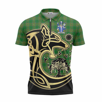 Healey Irish Tartan Zipper Polo Shirt with Coat of Arms Celtic Wolf Style