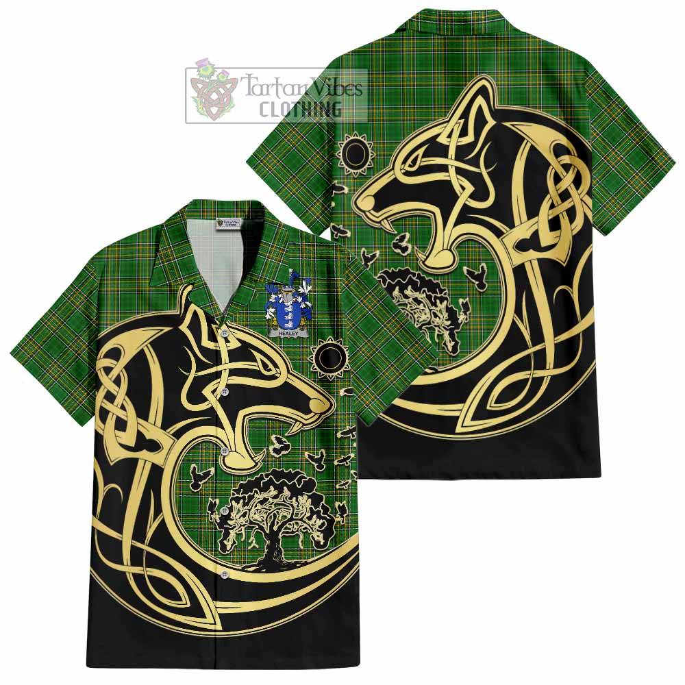 Tartan Vibes Clothing Healey Irish Tartan Short Sleeve Button Shirt with Coat of Arms Celtic Wolf Style