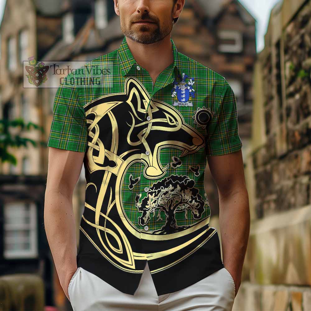 Tartan Vibes Clothing Healey Irish Tartan Short Sleeve Button Shirt with Coat of Arms Celtic Wolf Style