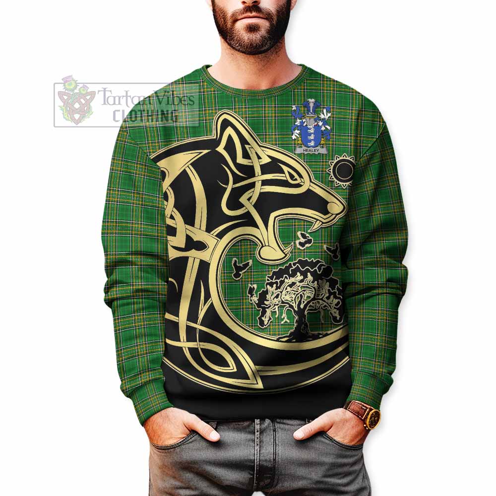 Tartan Vibes Clothing Healey Irish Tartan Sweatshirt with Coat of Arms Celtic Wolf Style