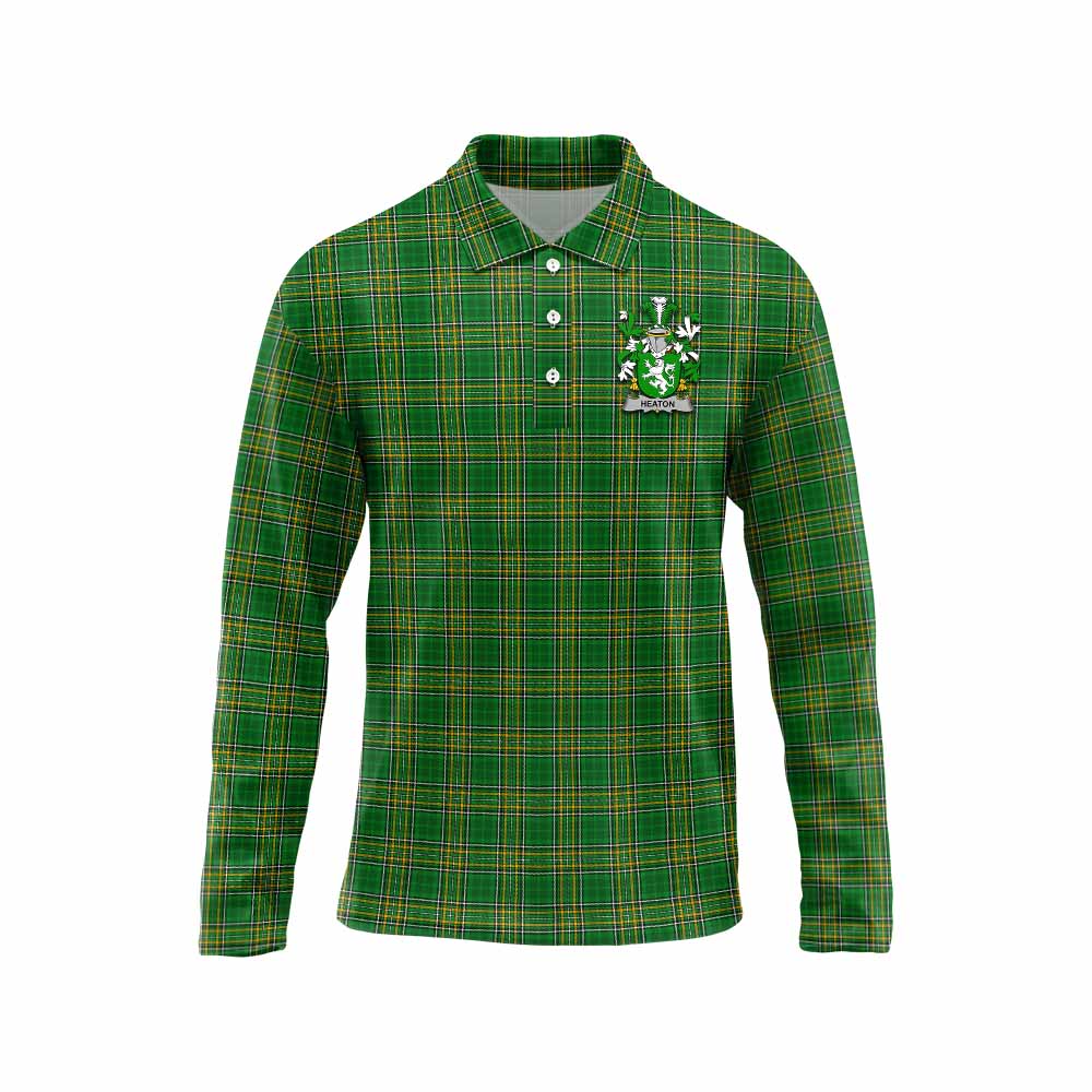 Tartan Vibes Clothing Heaton Irish Clan Tartan Long Sleeve Polo Shirt with Coat of Arms