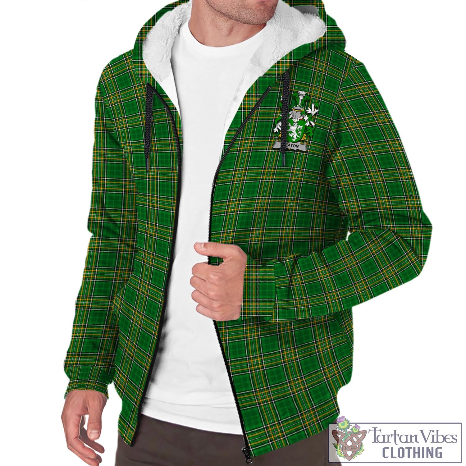 Tartan Vibes Clothing Heaton Ireland Clan Tartan Sherpa Hoodie with Coat of Arms