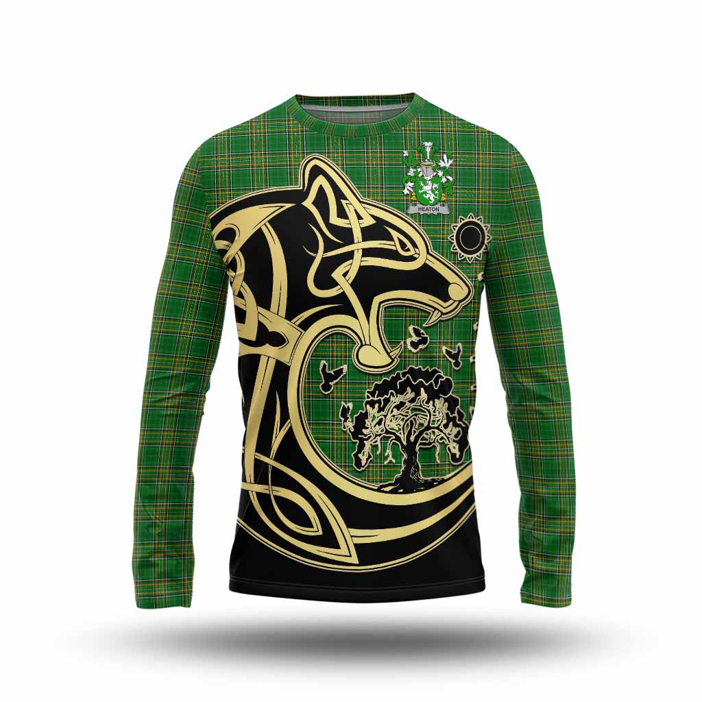 Tartan Vibes Clothing Heaton Irish Tartan Long Sleeve T-Shirt with Coat of Arms Celtic Wolf Style