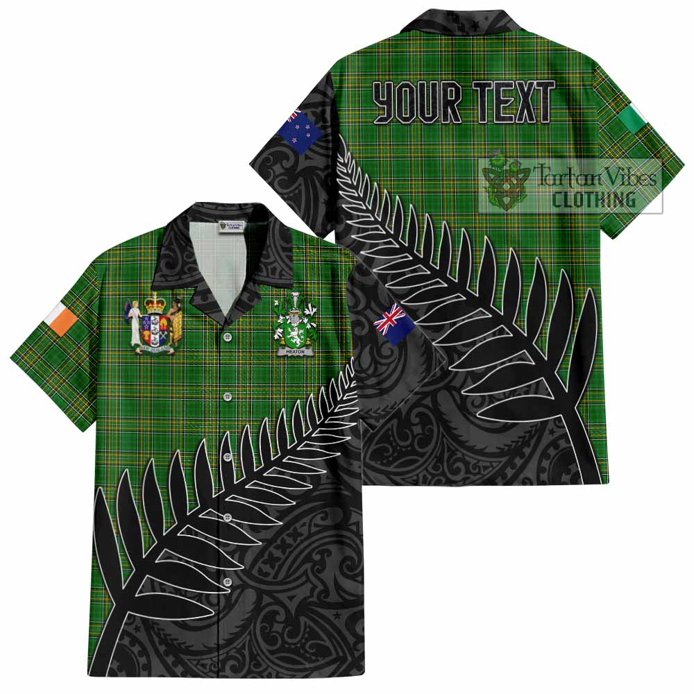 Tartan Vibes Clothing Heaton Irish Clan Tartan Short Sleeve Button Shirt with Coat of Arms New Zealand Silver Fern Half Style