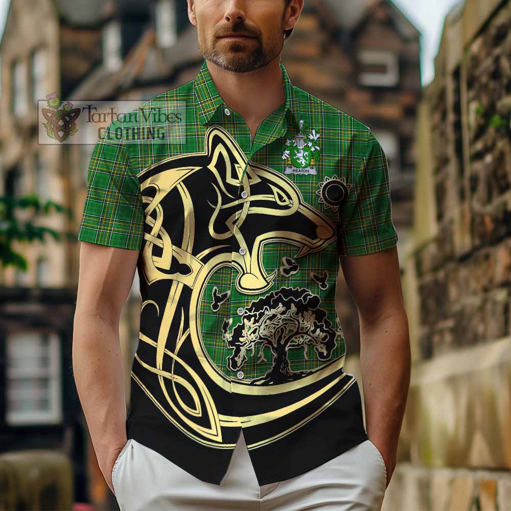 Tartan Vibes Clothing Heaton Irish Tartan Short Sleeve Button Shirt with Coat of Arms Celtic Wolf Style