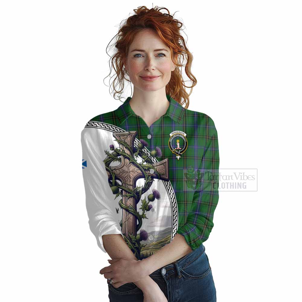 Tartan Vibes Clothing Henderson Tartan Women's Casual Shirt with Family Crest and St. Andrew's Cross Accented by Thistle Vines