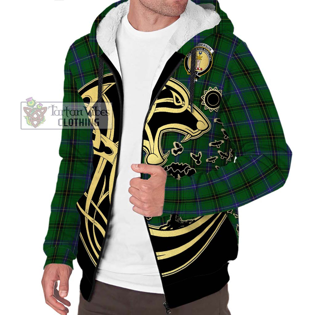 Henderson Tartan Sherpa Hoodie with Family Crest Celtic Wolf Style Unisex S - Tartan Vibes Clothing