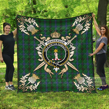 Henderson Tartan Quilt with Family Crest and Golden Thistle Crossed Sword Design