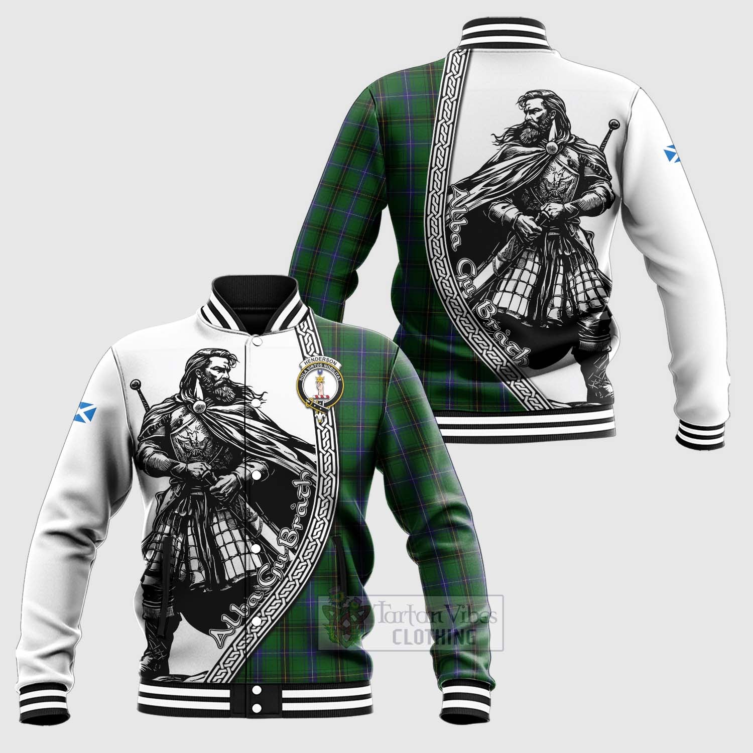 Tartan Vibes Clothing Henderson Tartan Clan Crest Baseball Jacket with Highlander Warrior Celtic Style