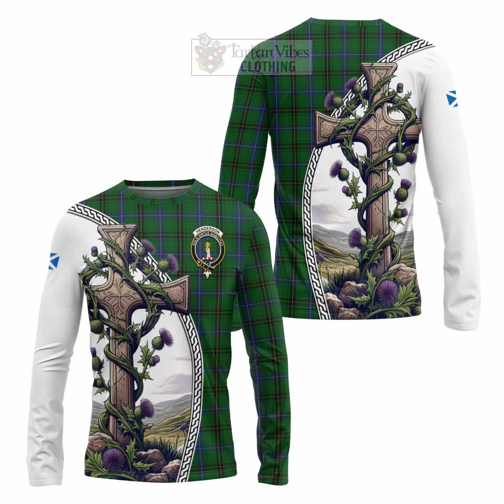 Tartan Vibes Clothing Henderson Tartan Long Sleeve T-Shirt with Family Crest and St. Andrew's Cross Accented by Thistle Vines