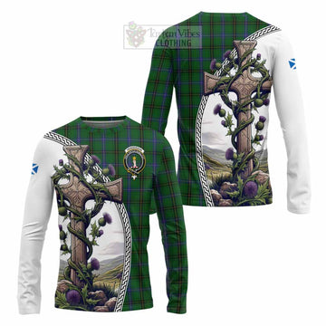 Henderson Tartan Long Sleeve T-Shirt with Family Crest and St. Andrew's Cross Accented by Thistle Vines