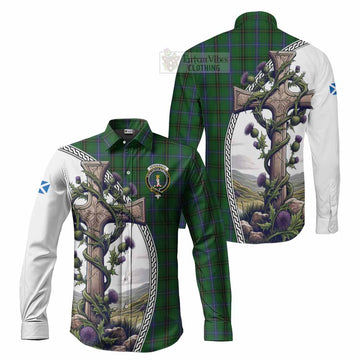 Henderson Tartan Long Sleeve Button Shirt with Family Crest and St. Andrew's Cross Accented by Thistle Vines