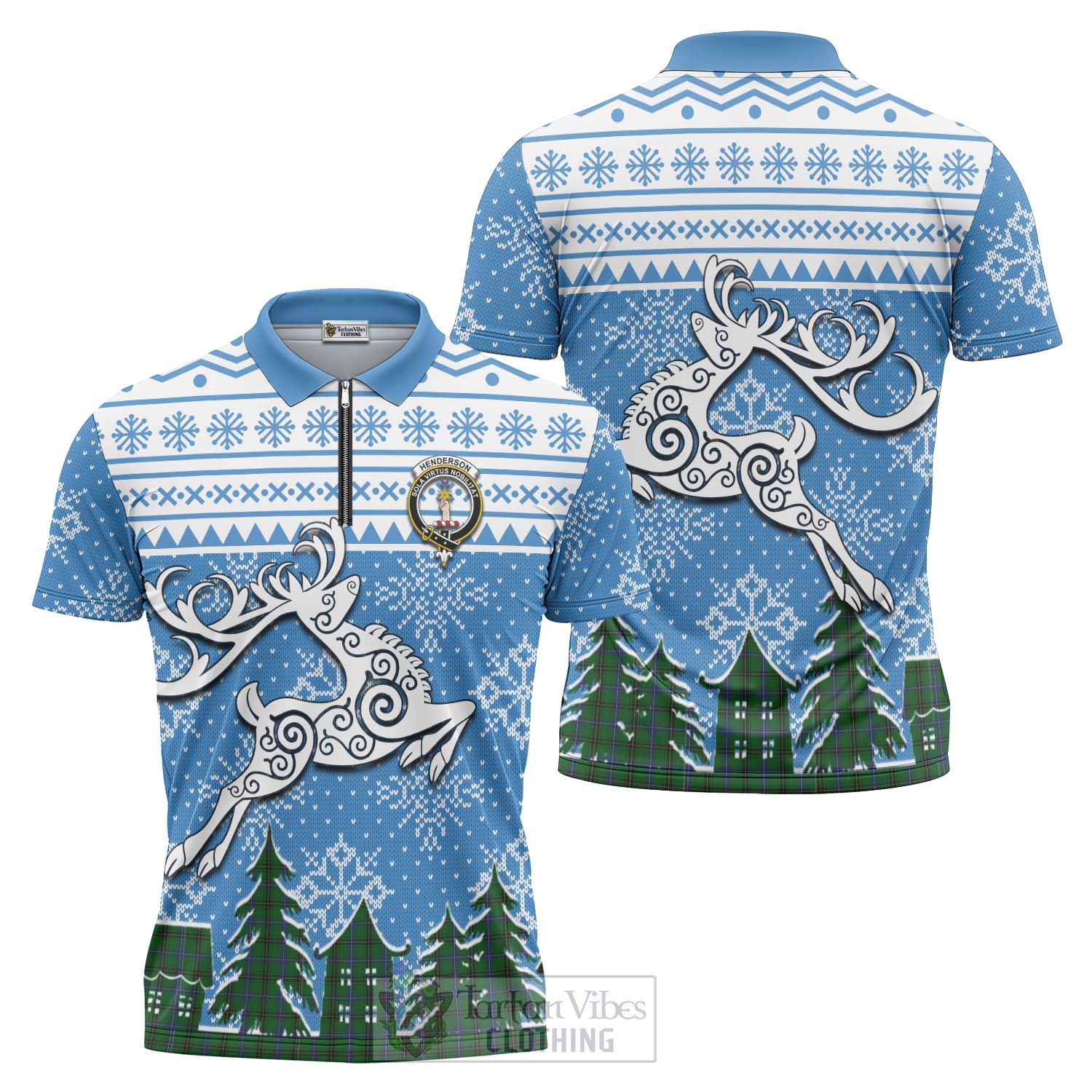 Tartan Vibes Clothing Henderson Clan Christmas Zipper Polo Shirt Celtic Reindeer Style