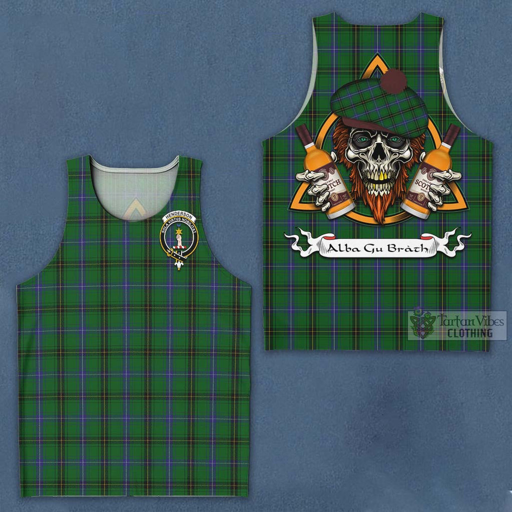 Tartan Vibes Clothing Henderson Tartan Men's Tank Top with Family Crest and Bearded Skull Holding Bottles of Whiskey