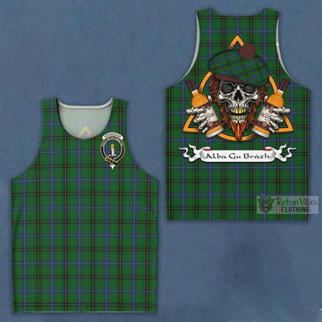 Henderson Tartan Men's Tank Top with Family Crest and Bearded Skull Holding Bottles of Whiskey