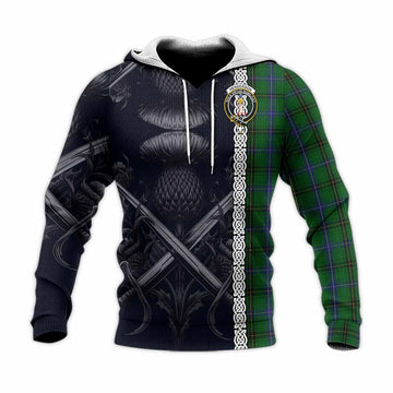 Henderson Tartan Knitted Hoodie with Family Crest Cross Sword Thistle Celtic Vibes