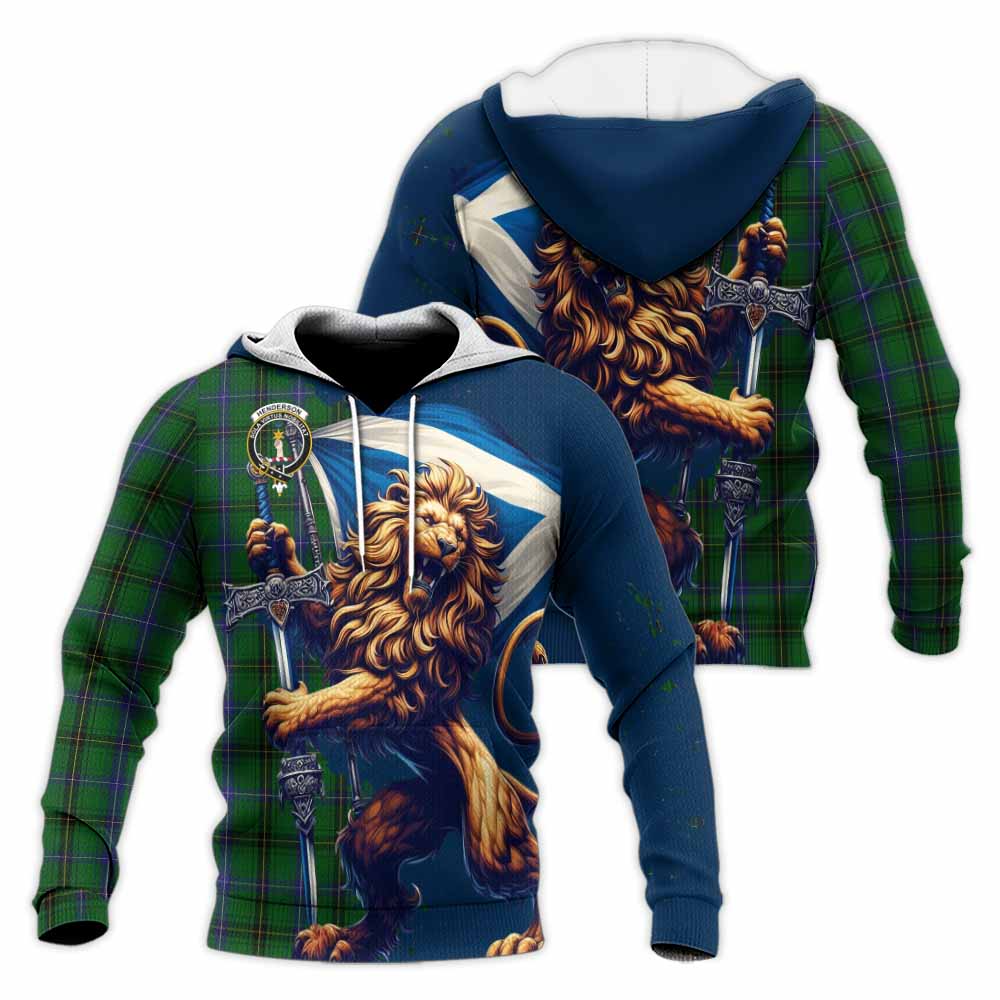 Tartan Vibes Clothing Henderson Tartan Family Crest Knitted Hoodie with Scottish Majestic Lion