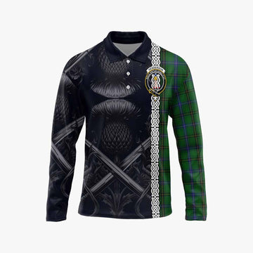 Henderson Tartan Long Sleeve Polo Shirt with Family Crest Cross Sword Thistle Celtic Vibes