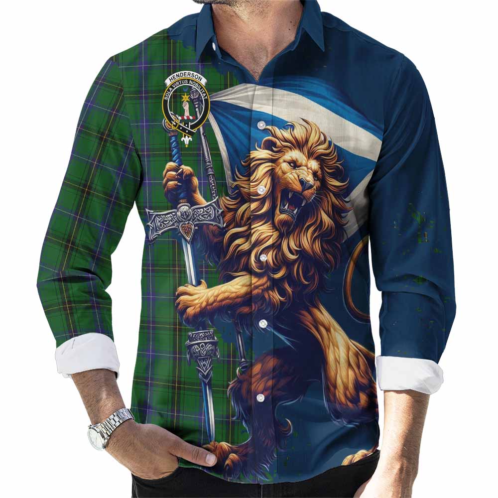 Tartan Vibes Clothing Henderson Tartan Family Crest Long Sleeve Button Shirt with Scottish Majestic Lion