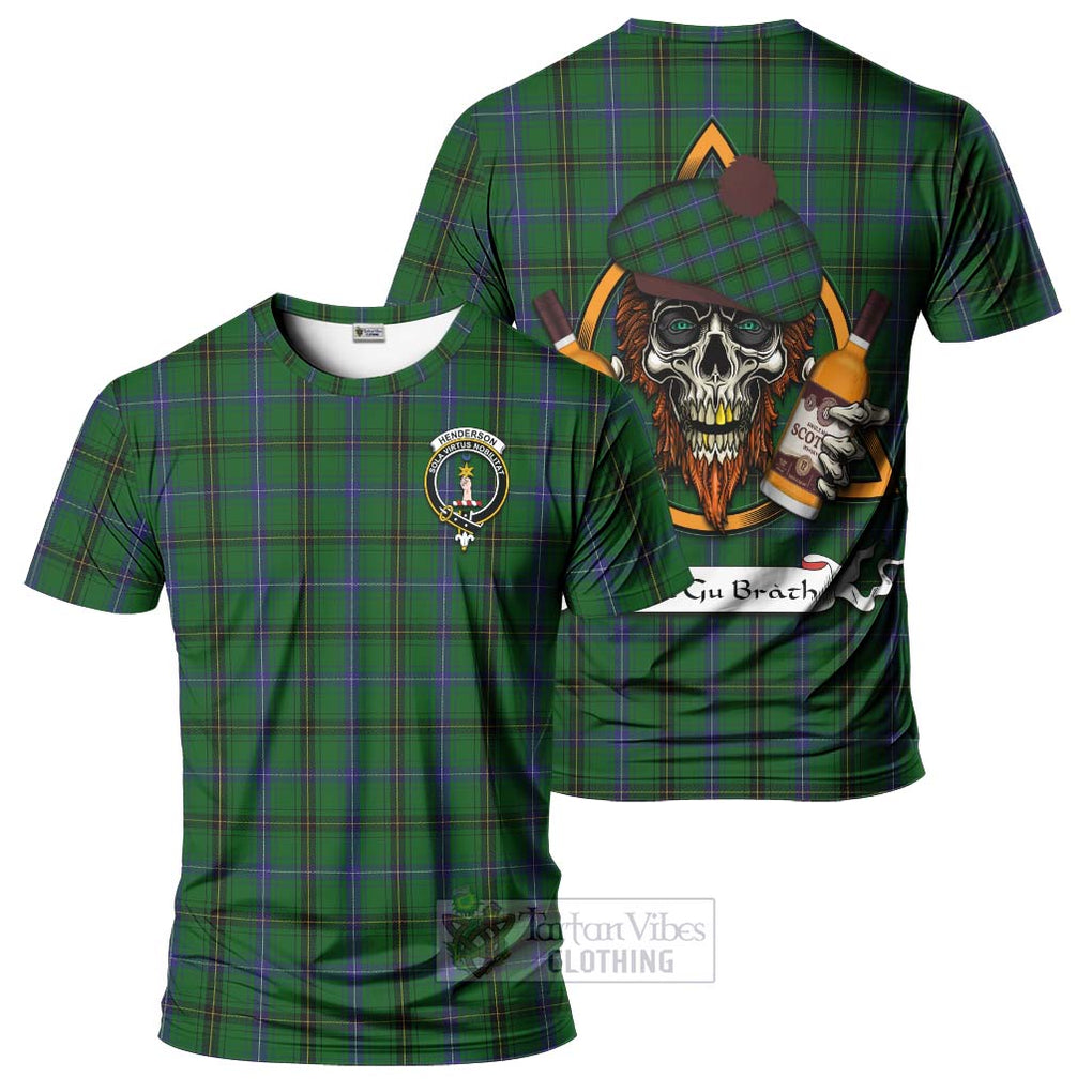 Tartan Vibes Clothing Henderson Tartan T-Shirt with Family Crest and Bearded Skull Holding Bottles of Whiskey