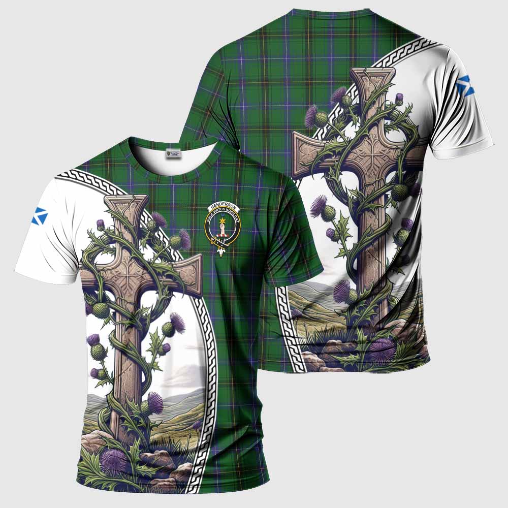 Tartan Vibes Clothing Henderson Agnew Tartan T-Shirt with Family Crest and St. Andrew's Cross Accented by Thistle Vines