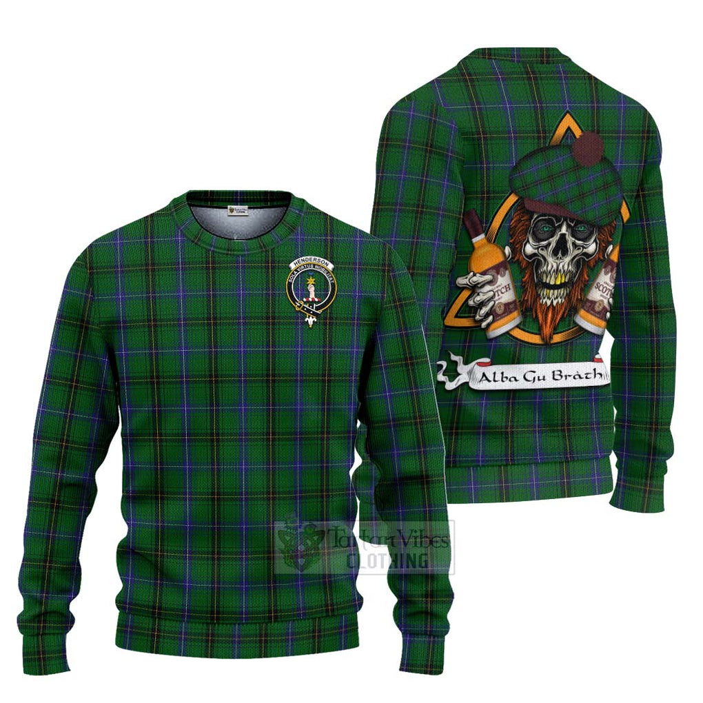 Tartan Vibes Clothing Henderson Tartan Knitted Sweater with Family Crest and Bearded Skull Holding Bottles of Whiskey