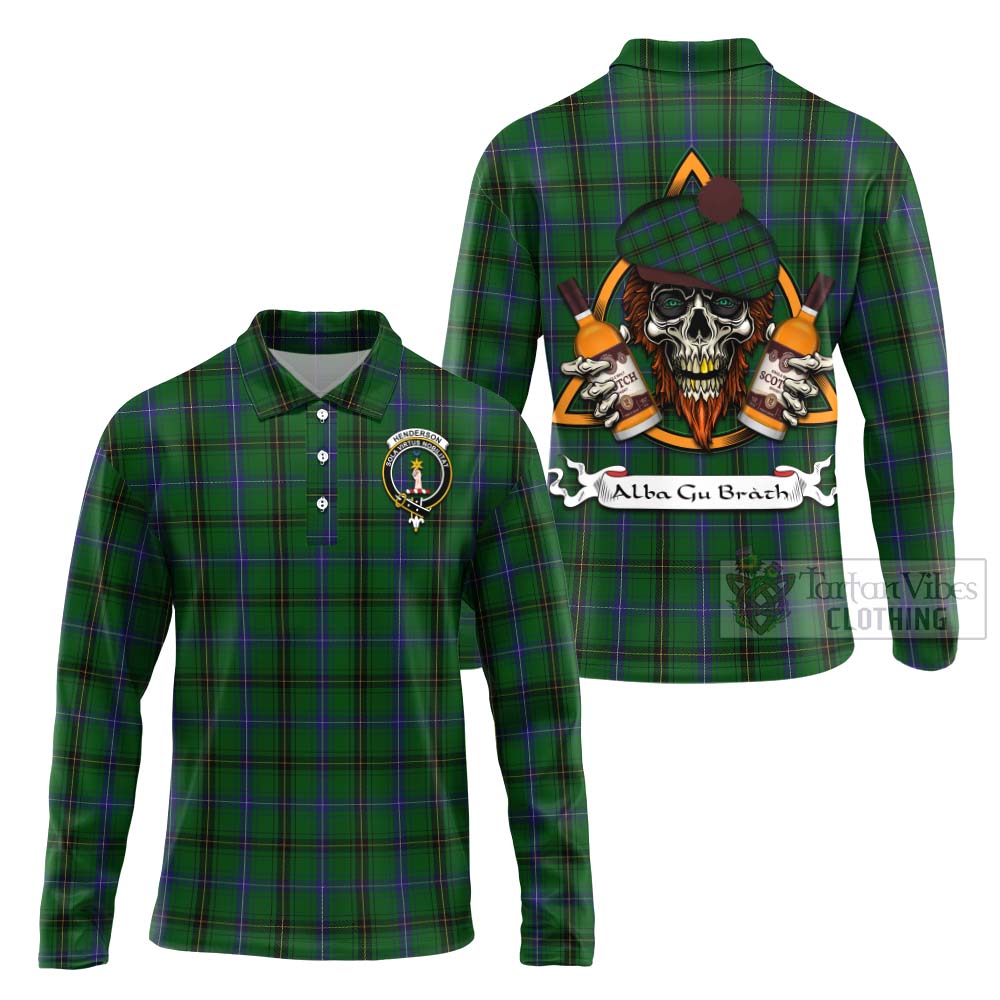 Tartan Vibes Clothing Henderson Tartan Long Sleeve Polo Shirt with Family Crest and Bearded Skull Holding Bottles of Whiskey