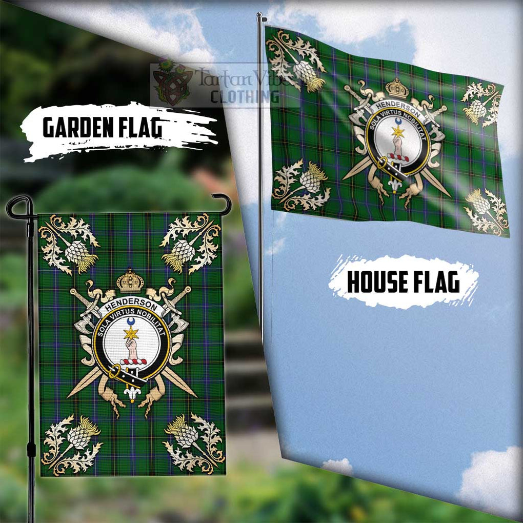 Tartan Vibes Clothing Henderson Tartan Flag with Family Crest and Golden Thistle Crossed Sword Design