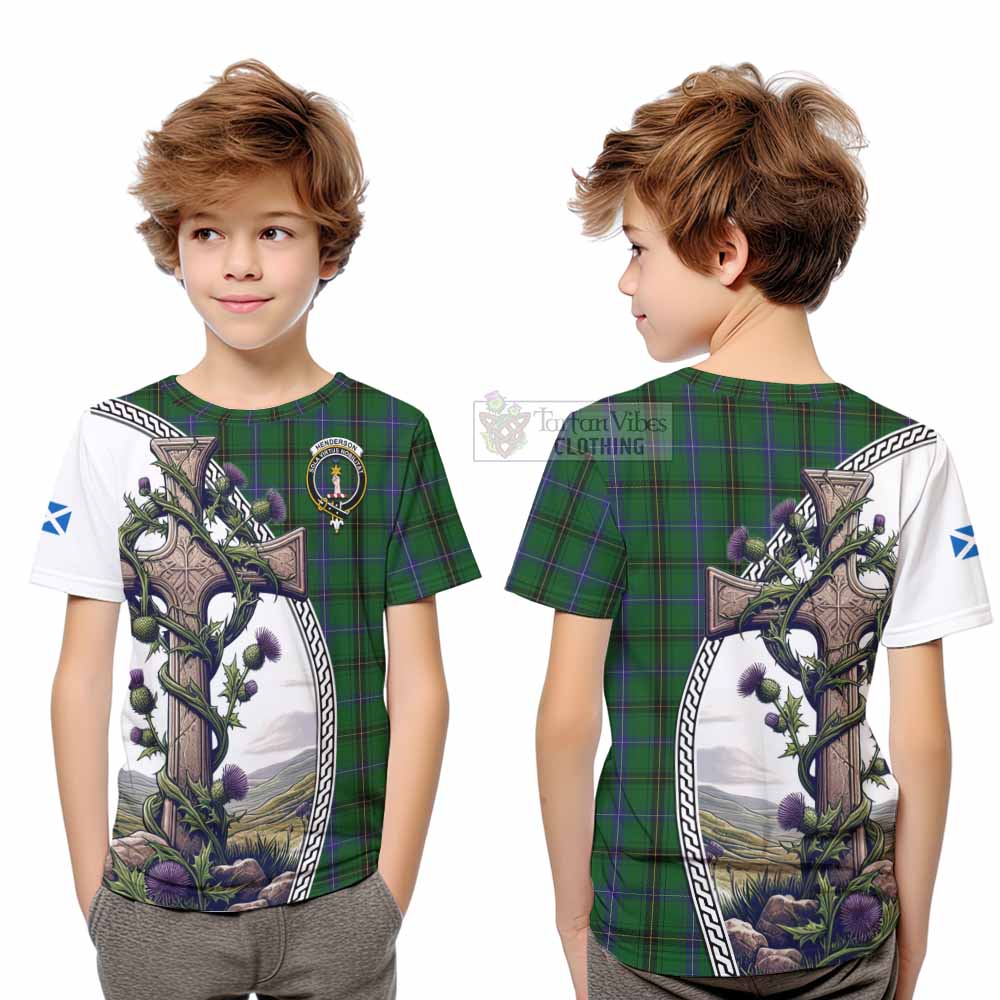 Tartan Vibes Clothing Henderson Tartan Kid T-Shirt with Family Crest and St. Andrew's Cross Accented by Thistle Vines