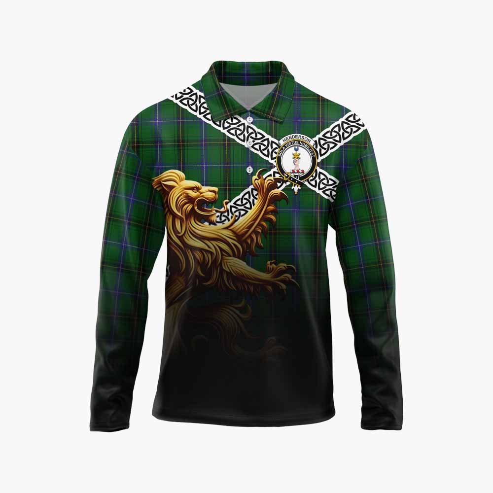 Henderson Crest Tartan Long Sleeve Polo Shirt with Golden Lion Emblem Celtic Style Unisex - Tartan Vibes Clothing