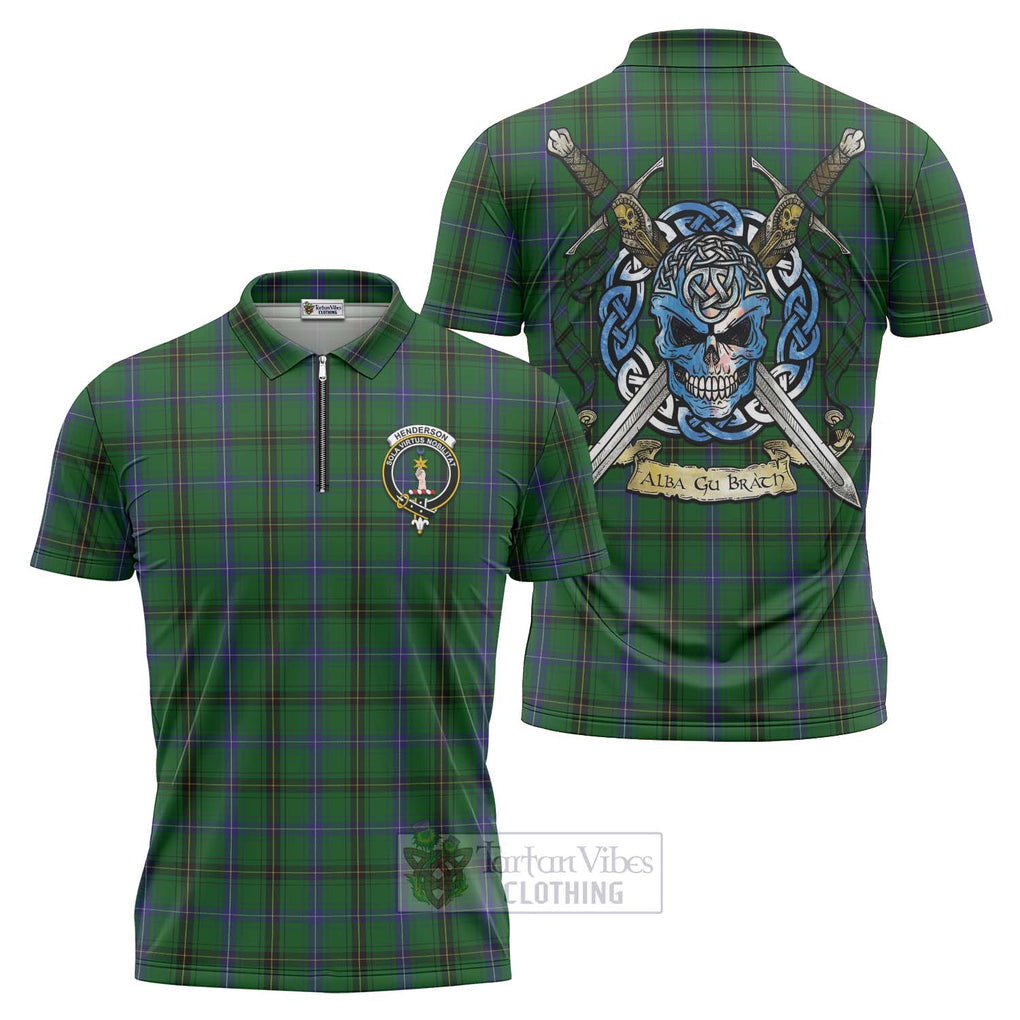 Tartan Vibes Clothing Henderson Tartan Zipper Polo Shirt with Family Crest Celtic Skull Style