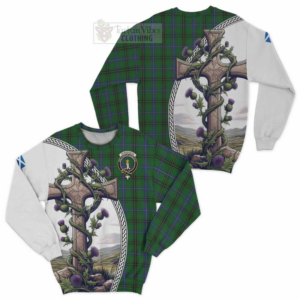 Tartan Vibes Clothing Henderson Tartan Sweatshirt with Family Crest and St. Andrew's Cross Accented by Thistle Vines