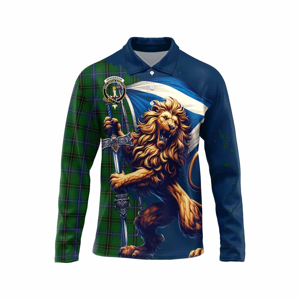 Tartan Vibes Clothing Henderson Tartan Family Crest Long Sleeve Polo Shirt with Scottish Majestic Lion