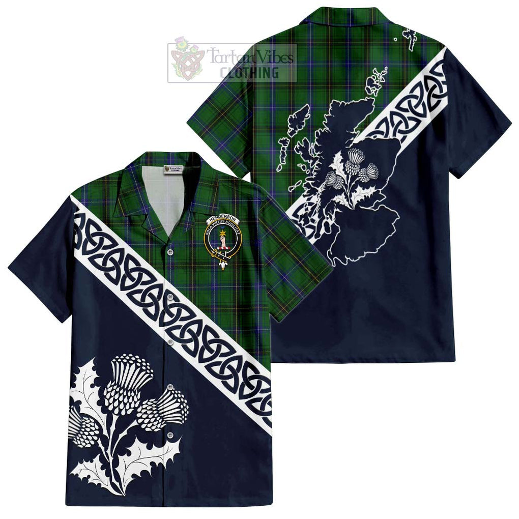 Tartan Vibes Clothing Henderson Tartan Short Sleeve Button Shirt Featuring Thistle and Scotland Map