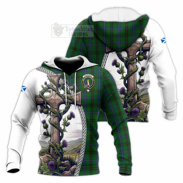 Henderson Tartan Knitted Hoodie with Family Crest and St. Andrew's Cross Accented by Thistle Vines