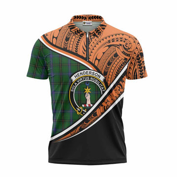 Henderson Crest Tartan Zipper Polo Shirt with Polynesian Vibes Style - Orange Version