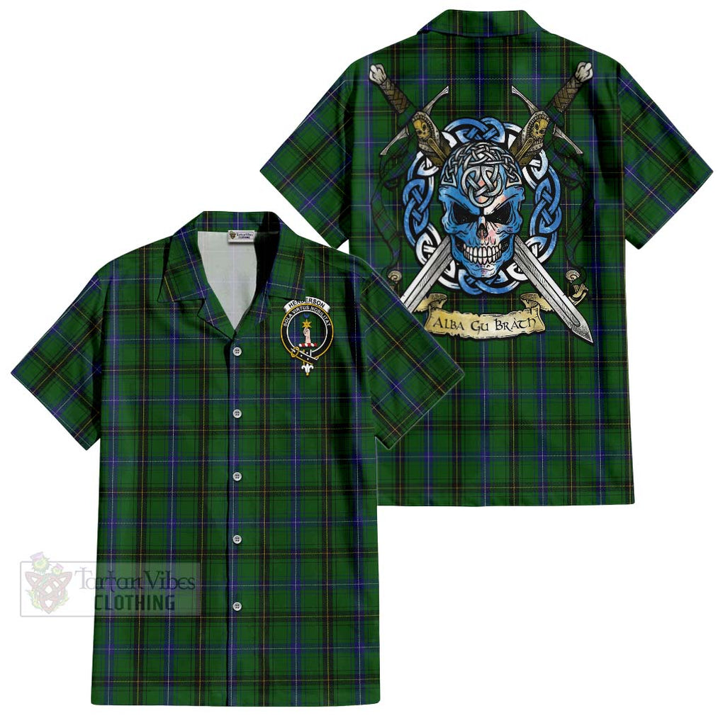 Tartan Vibes Clothing Henderson Tartan Short Sleeve Button Shirt with Family Crest Celtic Skull Style