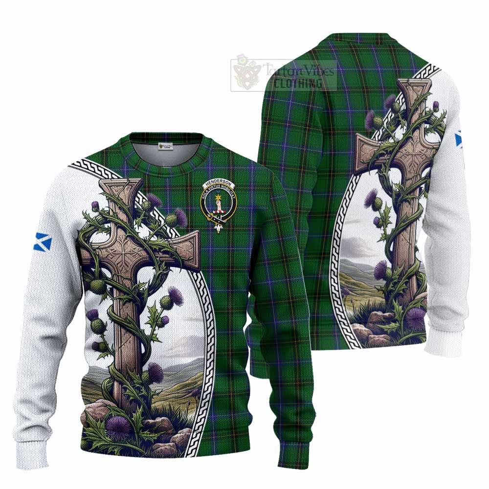 Tartan Vibes Clothing Henderson Tartan Knitted Sweater with Family Crest and St. Andrew's Cross Accented by Thistle Vines