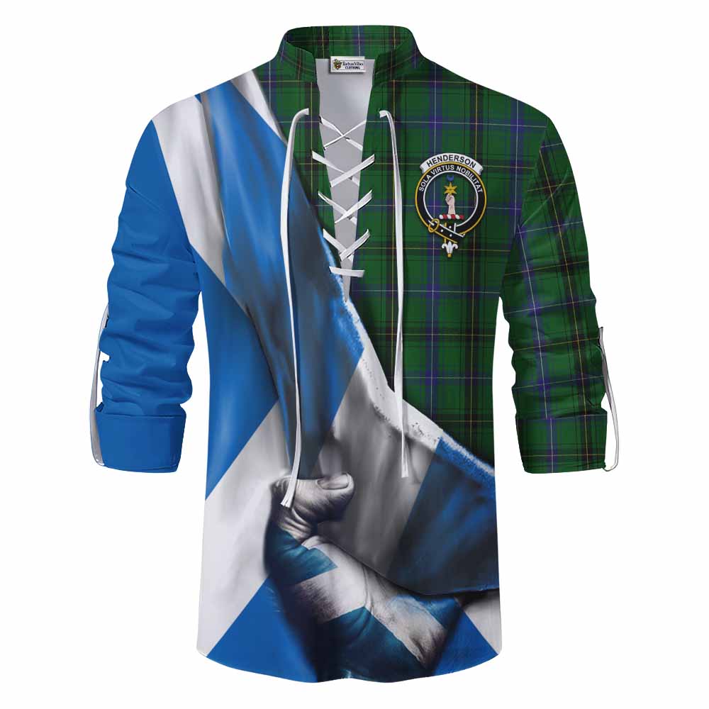 Tartan Vibes Clothing Henderson Tartan Ghillie Kilt Shirt with Family Crest Scotland Patriotic Style