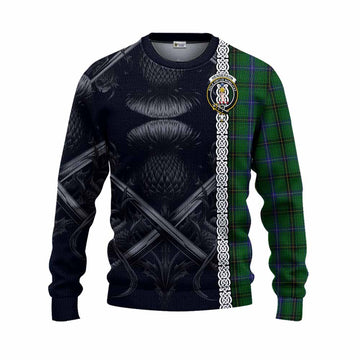 Henderson Tartan Knitted Sweater with Family Crest Cross Sword Thistle Celtic Vibes